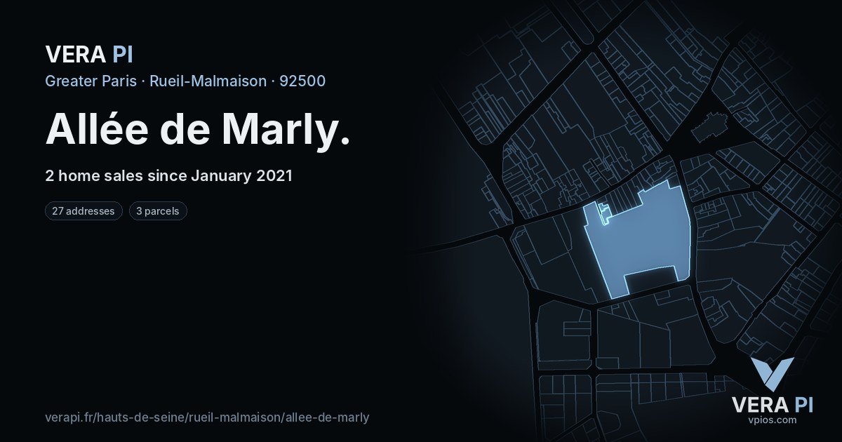Allée de Marly, Rueil-Malmaison at night – every parcel coloured by the prices around it, the street's own parcels lit