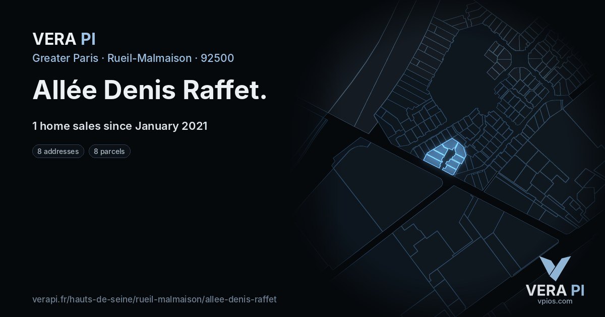 Allée Denis Raffet, Rueil-Malmaison at night – every parcel coloured by the prices around it, the street's own parcels lit