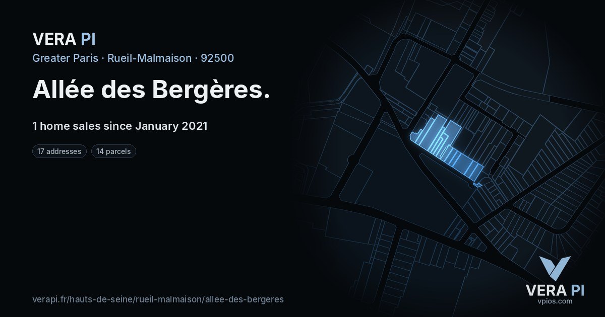 Allée des Bergères, Rueil-Malmaison at night – every parcel coloured by the prices around it, the street's own parcels lit