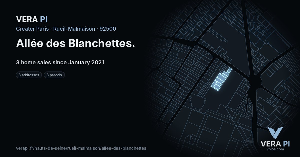 Allée des Blanchettes, Rueil-Malmaison at night – every parcel coloured by the prices around it, the street's own parcels lit