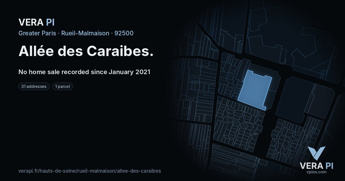 Allée des Caraibes, Rueil-Malmaison at night – every parcel coloured by the prices around it, the street's own parcels lit