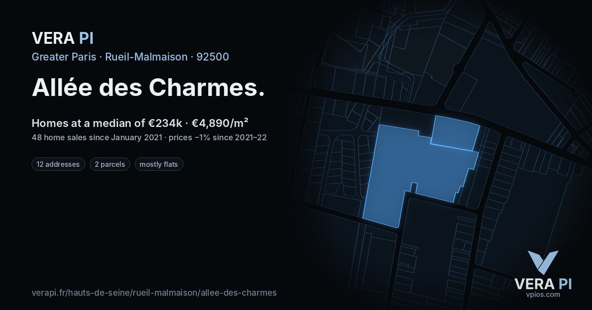 Allée des Charmes, Rueil-Malmaison at night – every parcel coloured by the prices around it, the street's own parcels lit