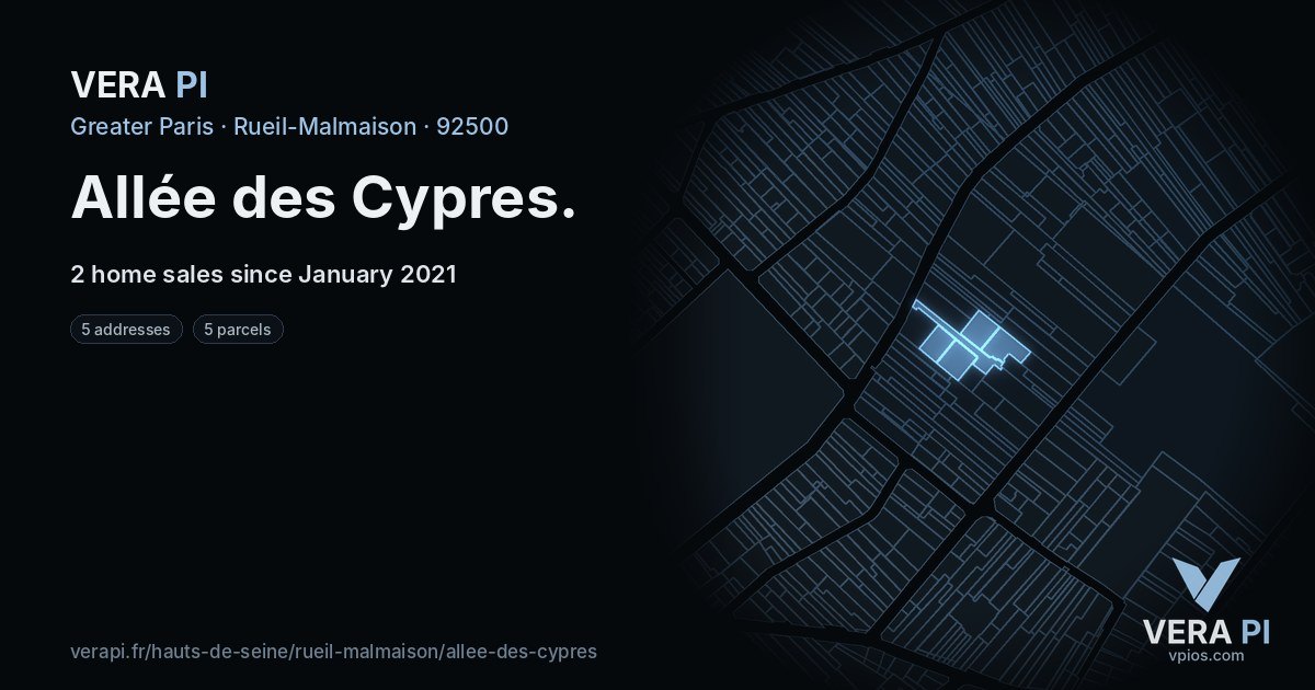 Allée des Cypres, Rueil-Malmaison at night – every parcel coloured by the prices around it, the street's own parcels lit