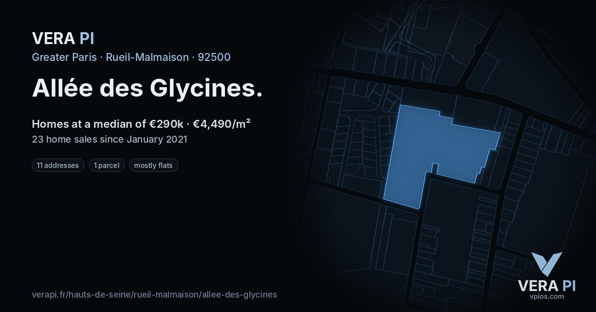 Allée des Glycines, Rueil-Malmaison at night – every parcel coloured by the prices around it, the street's own parcels lit