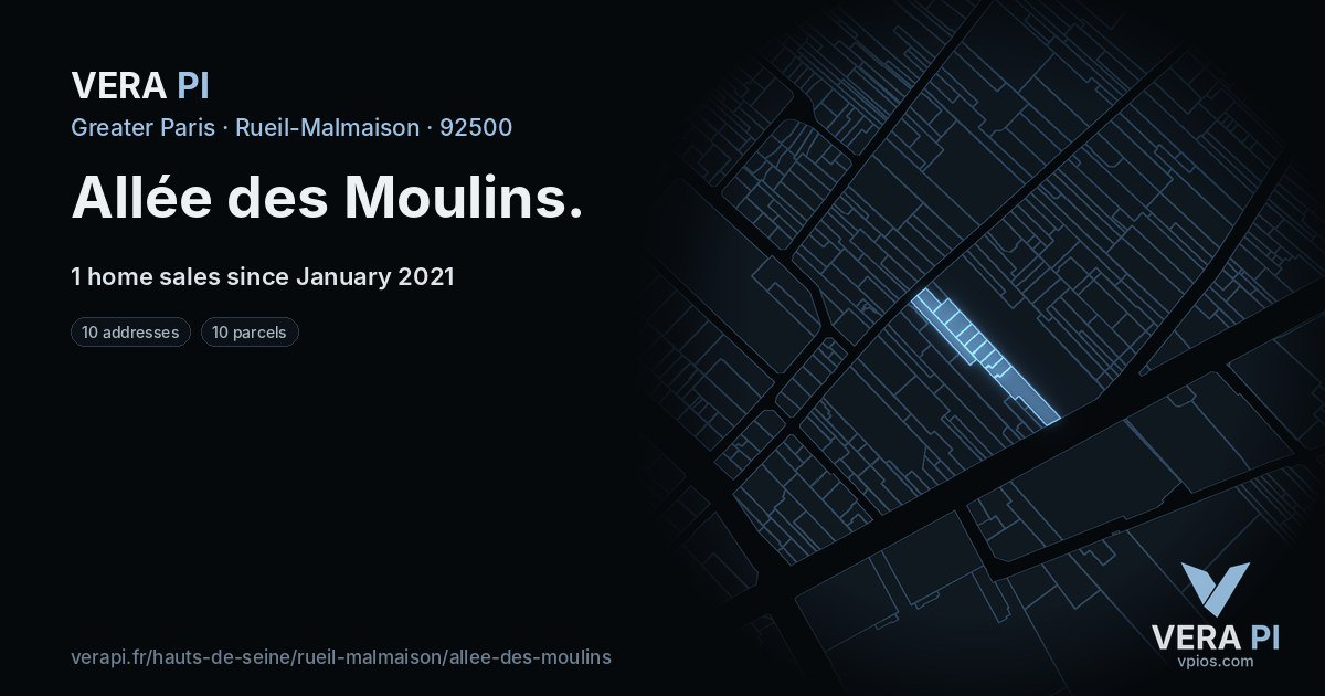 Allée des Moulins, Rueil-Malmaison at night – every parcel coloured by the prices around it, the street's own parcels lit
