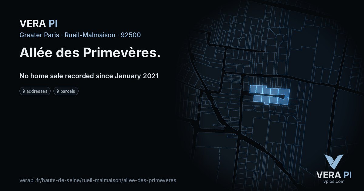 Allée des Primevères, Rueil-Malmaison at night – every parcel coloured by the prices around it, the street's own parcels lit
