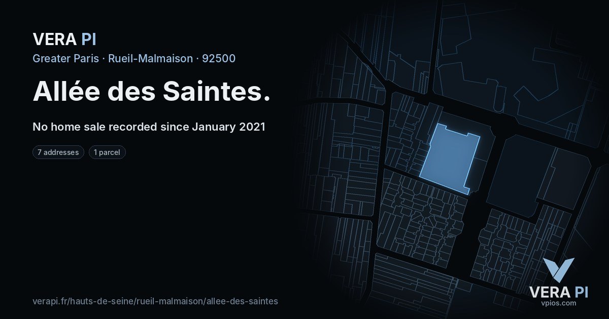 Allée des Saintes, Rueil-Malmaison at night – every parcel coloured by the prices around it, the street's own parcels lit