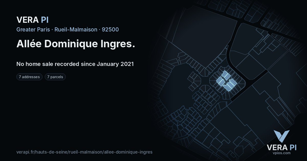 Allée Dominique Ingres, Rueil-Malmaison at night – every parcel coloured by the prices around it, the street's own parcels lit