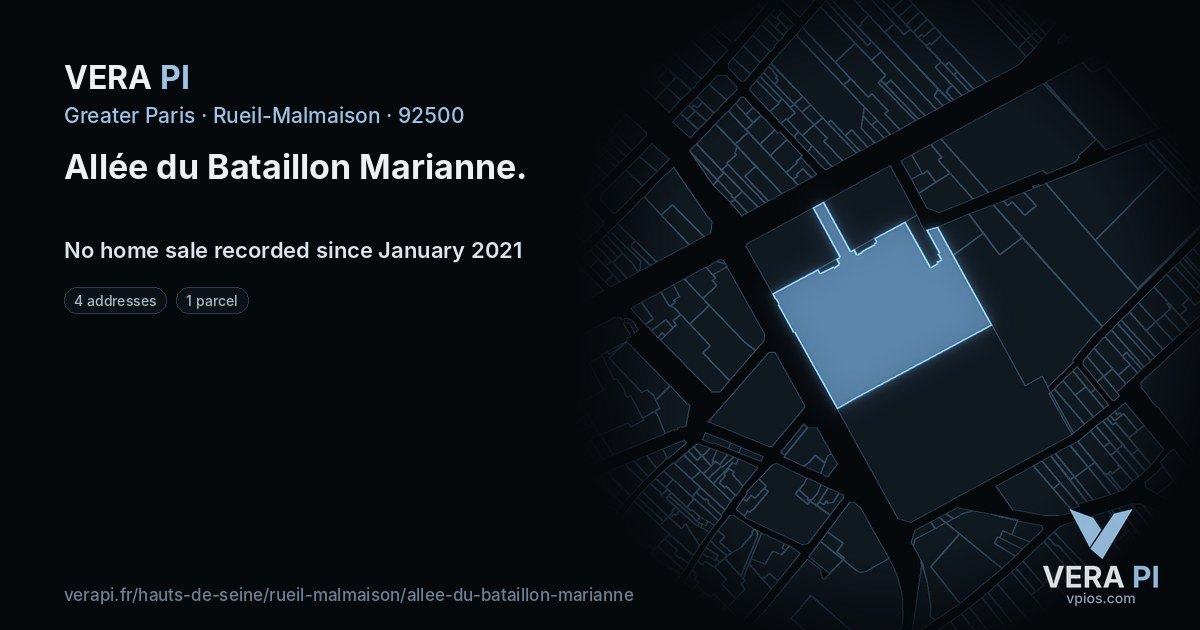 Allée du Bataillon Marianne, Rueil-Malmaison at night – every parcel coloured by the prices around it, the street's own parcels lit