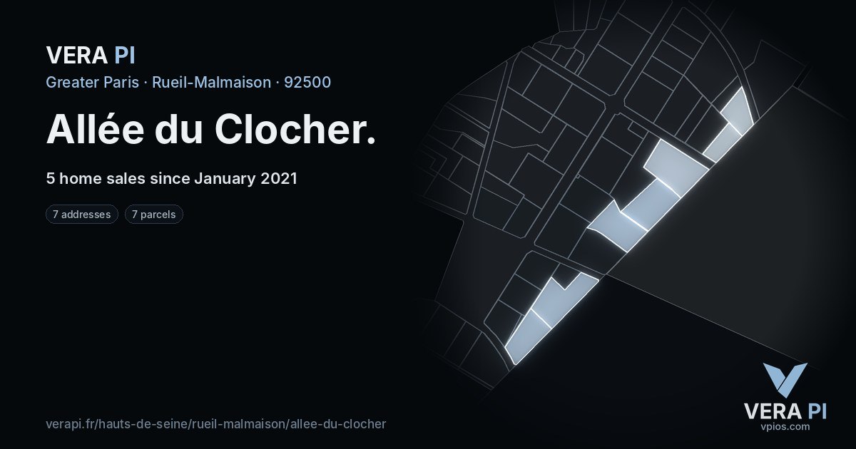 Allée du Clocher, Rueil-Malmaison at night – every parcel coloured by the prices around it, the street's own parcels lit