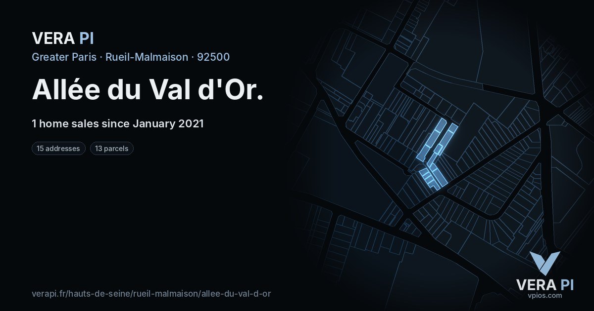 Allée du Val d'Or, Rueil-Malmaison at night – every parcel coloured by the prices around it, the street's own parcels lit