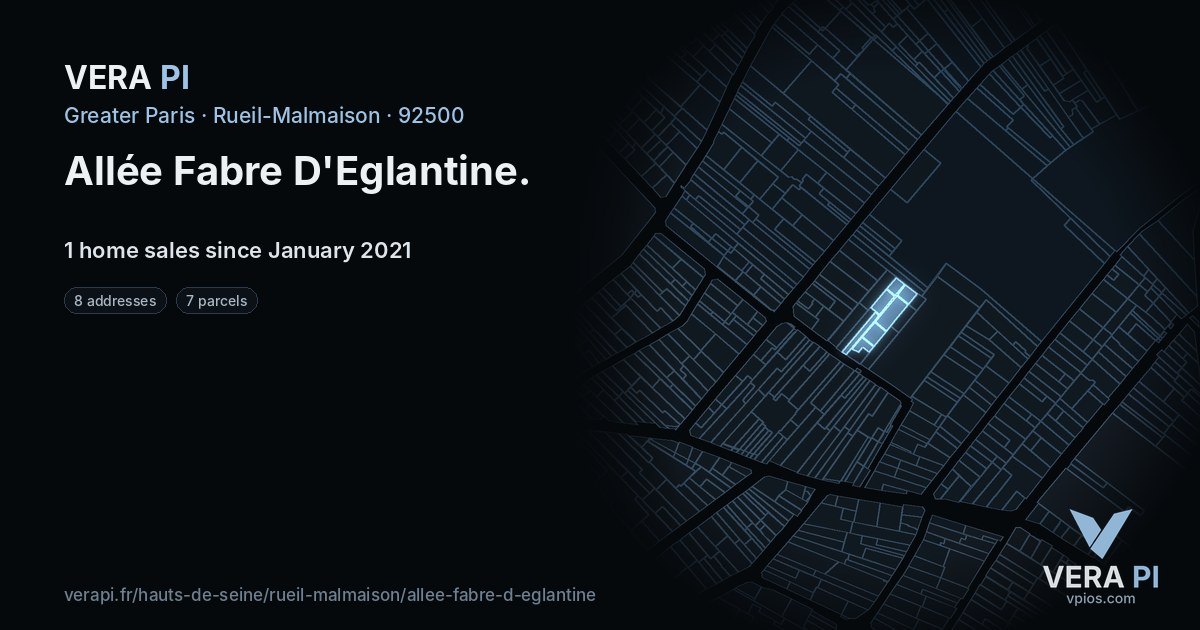 Allée Fabre D'Eglantine, Rueil-Malmaison at night – every parcel coloured by the prices around it, the street's own parcels lit