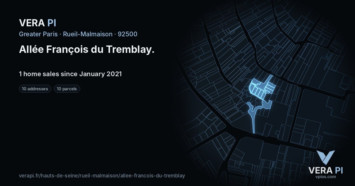 Allée François du Tremblay, Rueil-Malmaison at night – every parcel coloured by the prices around it, the street's own parcels lit