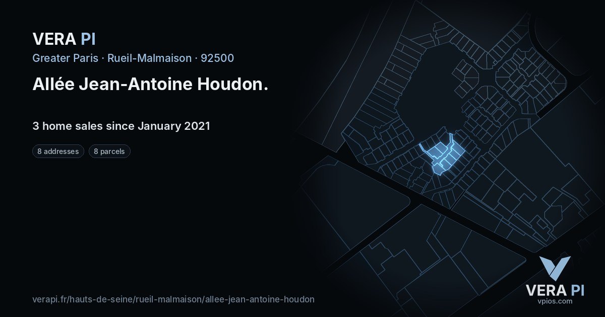 Allée Jean-Antoine Houdon, Rueil-Malmaison at night – every parcel coloured by the prices around it, the street's own parcels lit