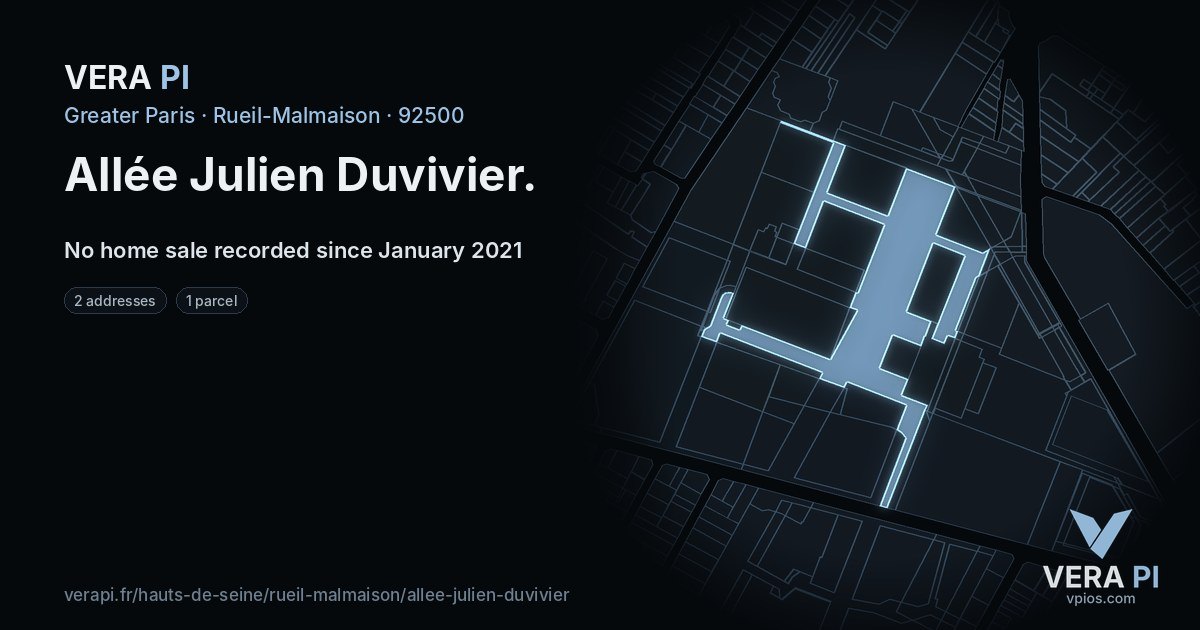 Allée Julien Duvivier, Rueil-Malmaison at night – every parcel coloured by the prices around it, the street's own parcels lit