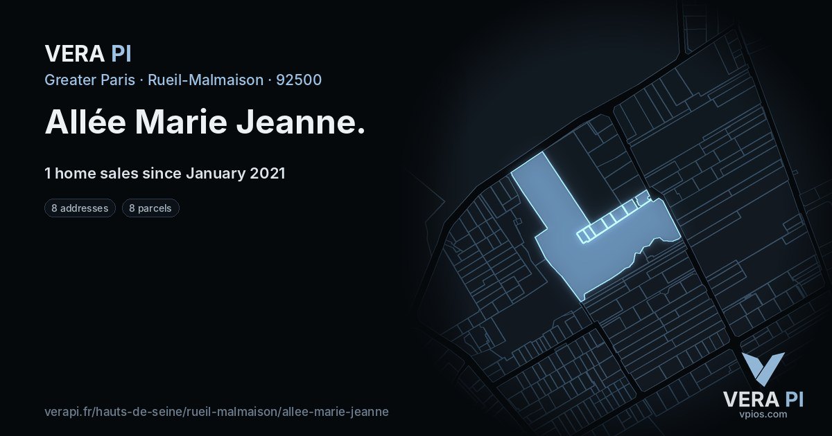 Allée Marie Jeanne, Rueil-Malmaison at night – every parcel coloured by the prices around it, the street's own parcels lit