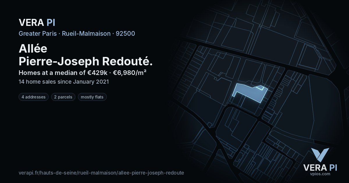 Allée Pierre-Joseph Redouté, Rueil-Malmaison at night – every parcel coloured by the prices around it, the street's own parcels lit