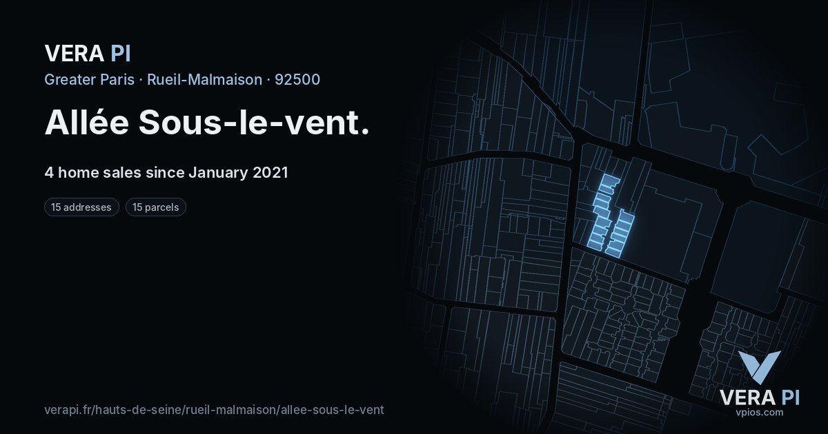 Allée Sous-le-vent, Rueil-Malmaison at night – every parcel coloured by the prices around it, the street's own parcels lit