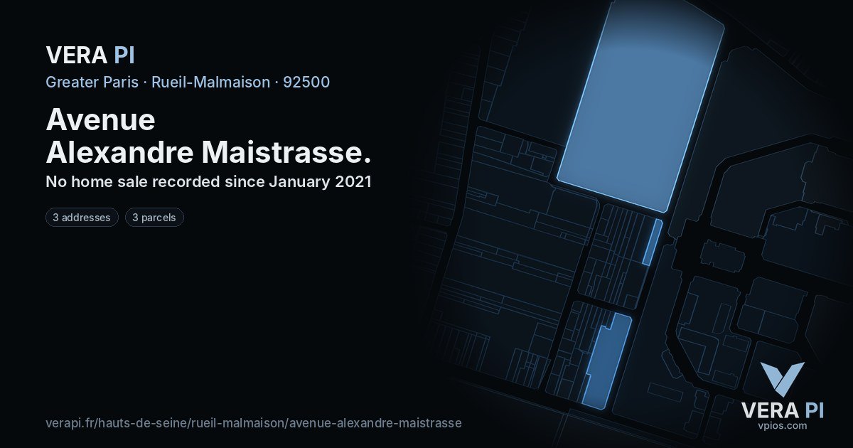 Avenue Alexandre Maistrasse, Rueil-Malmaison at night – every parcel coloured by the prices around it, the street's own parcels lit