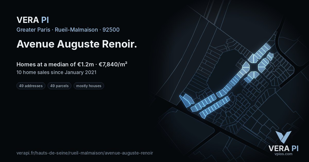 Avenue Auguste Renoir, Rueil-Malmaison at night – every parcel coloured by the prices around it, the street's own parcels lit