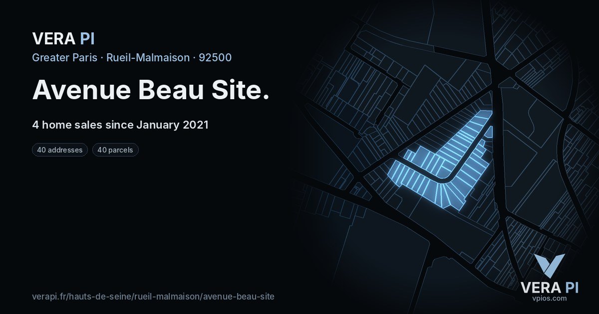 Avenue Beau Site, Rueil-Malmaison at night – every parcel coloured by the prices around it, the street's own parcels lit