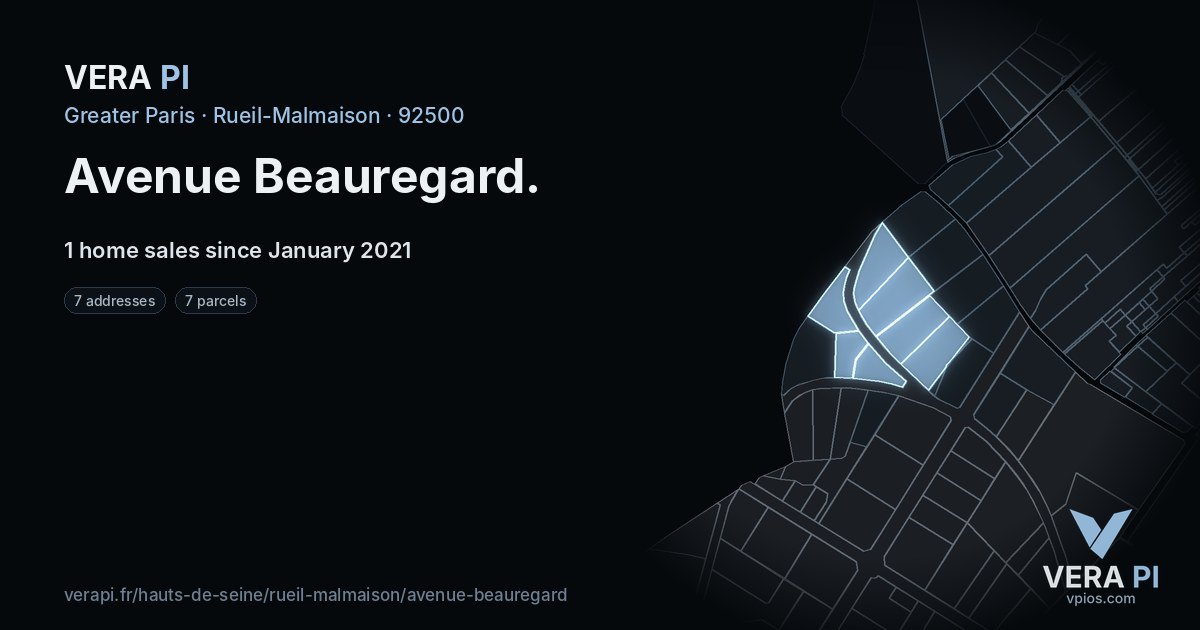Avenue Beauregard, Rueil-Malmaison at night – every parcel coloured by the prices around it, the street's own parcels lit