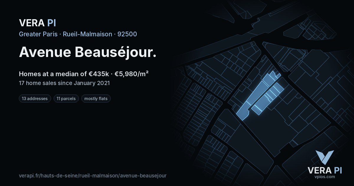 Avenue Beauséjour, Rueil-Malmaison at night – every parcel coloured by the prices around it, the street's own parcels lit