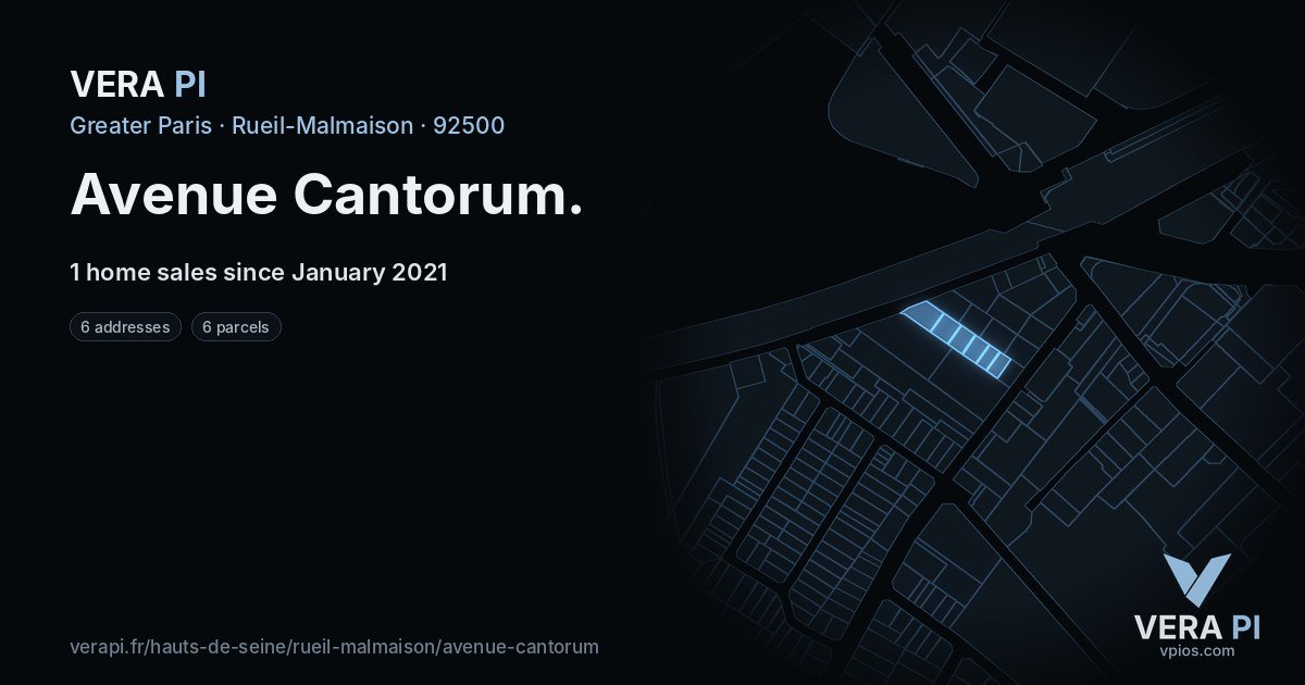 Avenue Cantorum, Rueil-Malmaison at night – every parcel coloured by the prices around it, the street's own parcels lit