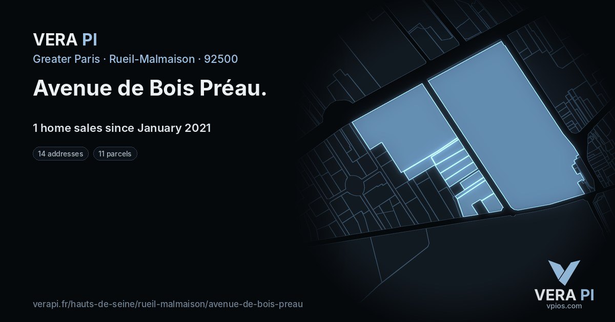 Avenue de Bois Préau, Rueil-Malmaison at night – every parcel coloured by the prices around it, the street's own parcels lit