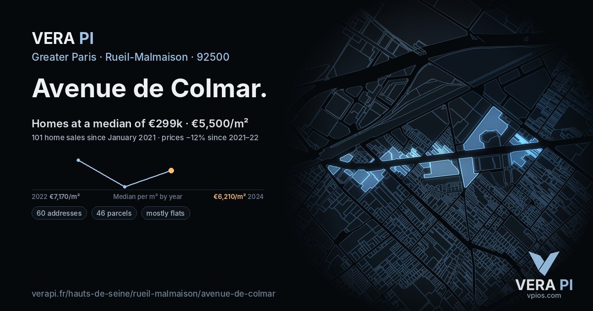 Avenue de Colmar, Rueil-Malmaison at night – every parcel coloured by the prices around it, the street's own parcels lit
