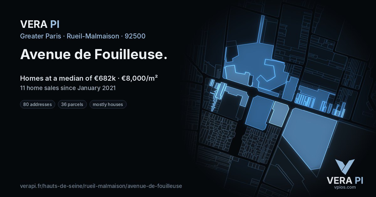 Avenue de Fouilleuse, Rueil-Malmaison at night – every parcel coloured by the prices around it, the street's own parcels lit