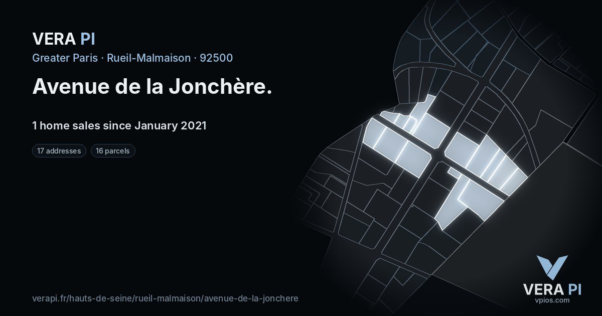 Avenue de la Jonchère, Rueil-Malmaison at night – every parcel coloured by the prices around it, the street's own parcels lit