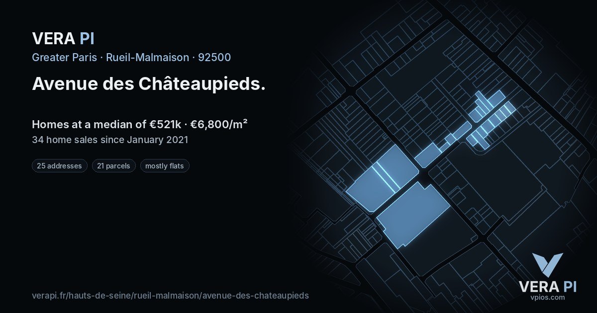 Avenue des Châteaupieds, Rueil-Malmaison at night – every parcel coloured by the prices around it, the street's own parcels lit