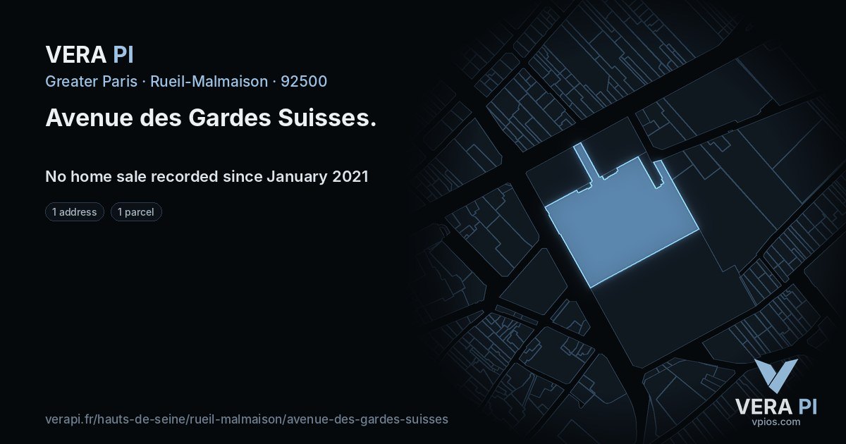 Avenue des Gardes Suisses, Rueil-Malmaison at night – every parcel coloured by the prices around it, the street's own parcels lit