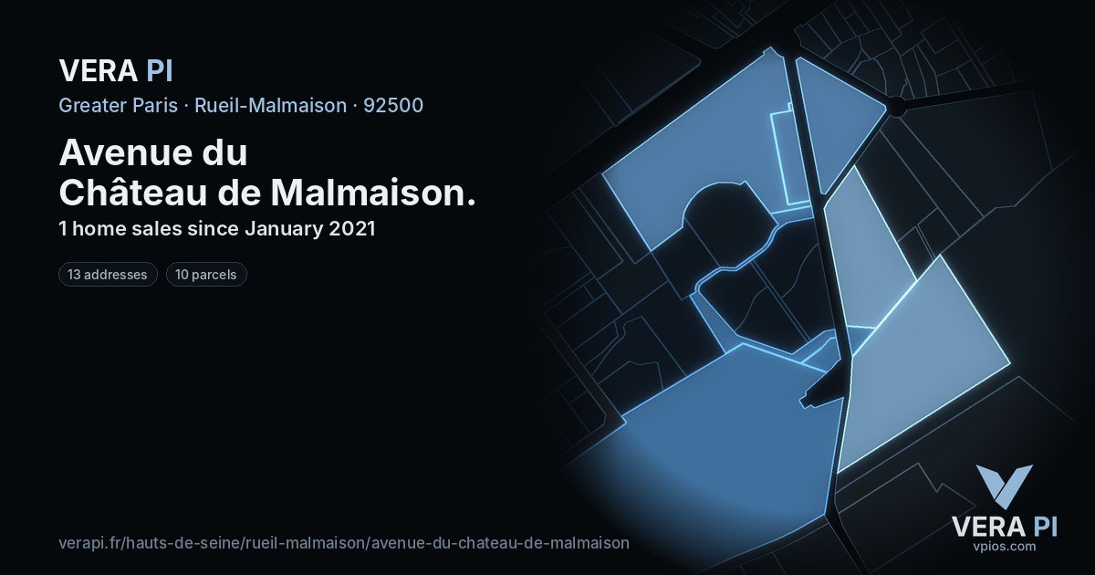 Avenue du Château de Malmaison, Rueil-Malmaison at night – every parcel coloured by the prices around it, the street's own parcels lit