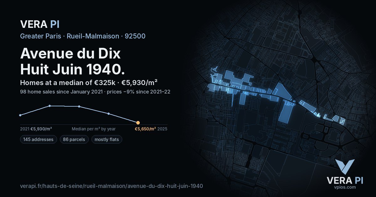 Avenue du Dix Huit Juin 1940, Rueil-Malmaison at night – every parcel coloured by the prices around it, the street's own parcels lit