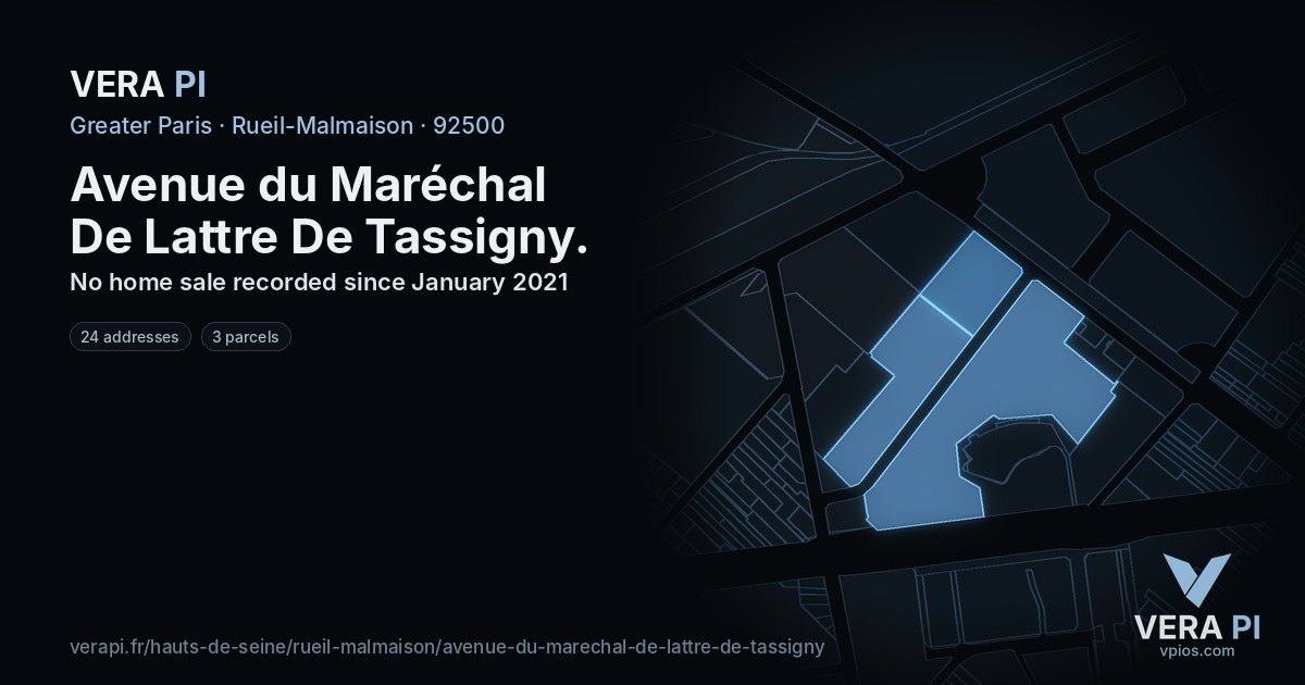 Avenue du Maréchal De Lattre De Tassigny, Rueil-Malmaison at night – every parcel coloured by the prices around it, the street's own parcels lit
