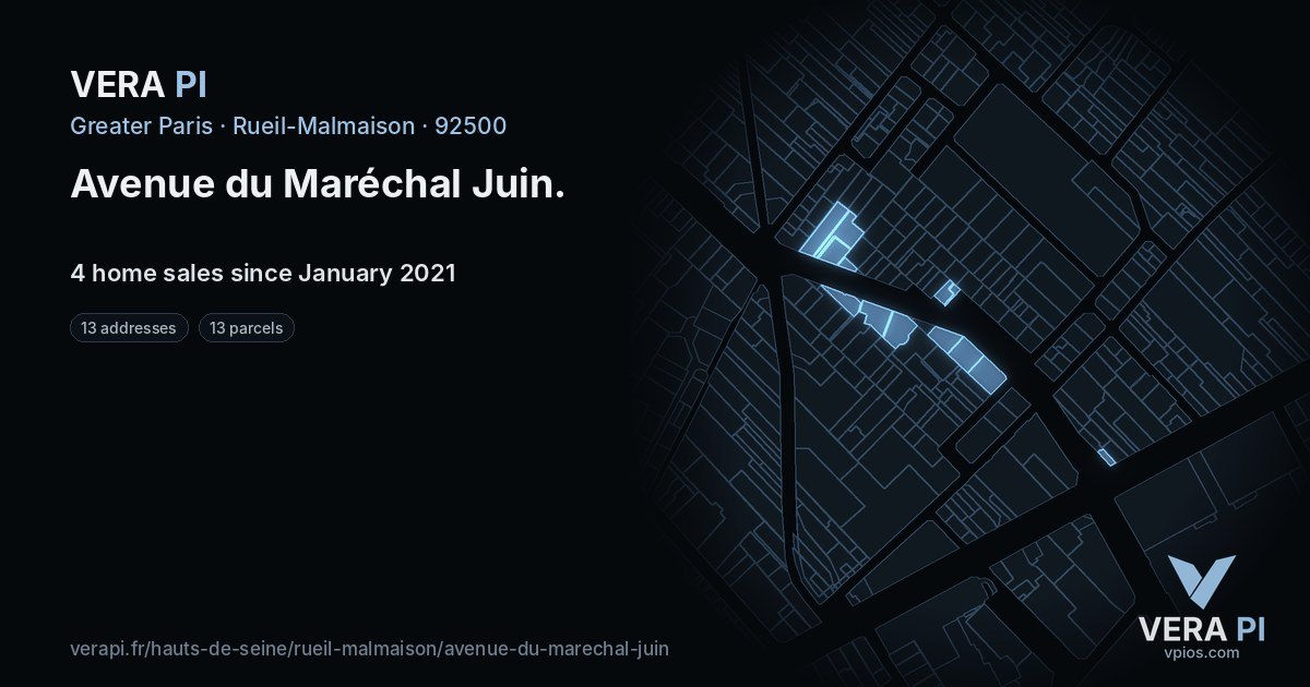 Avenue du Maréchal Juin, Rueil-Malmaison at night – every parcel coloured by the prices around it, the street's own parcels lit