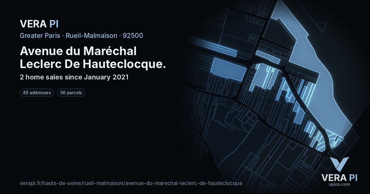 Avenue du Maréchal Leclerc De Hauteclocque, Rueil-Malmaison at night – every parcel coloured by the prices around it, the street's own parcels lit