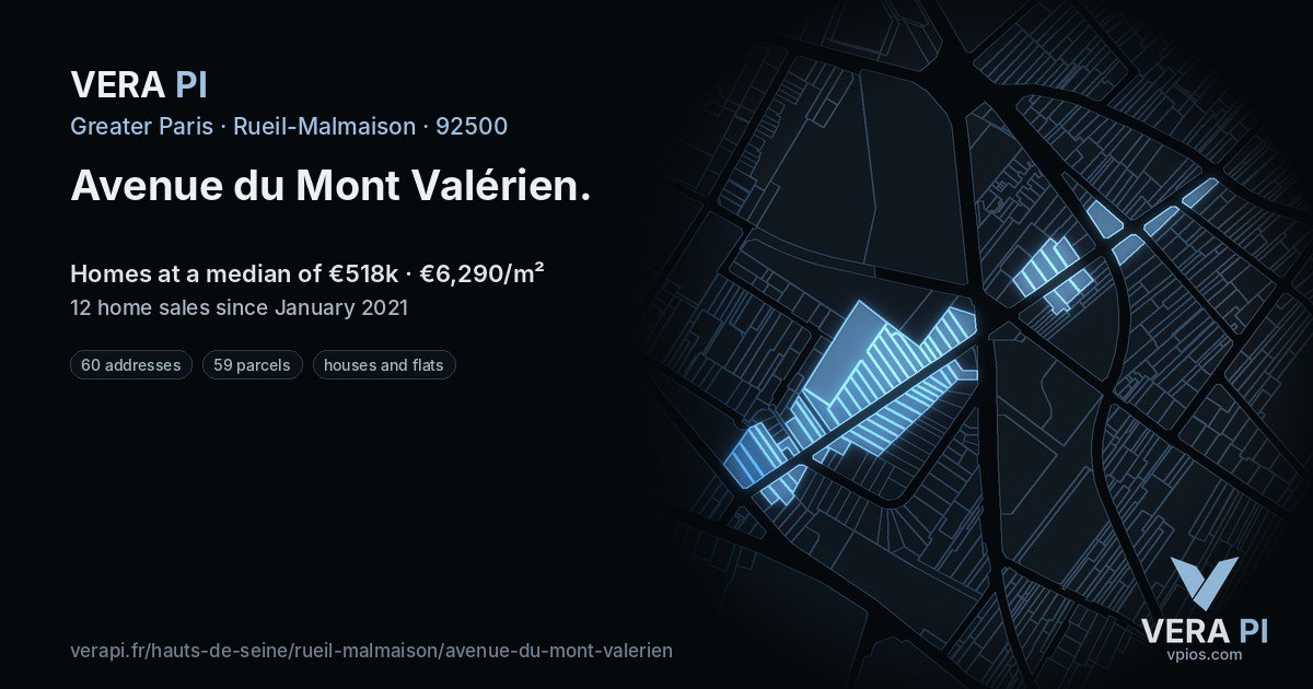 Avenue du Mont Valérien, Rueil-Malmaison at night – every parcel coloured by the prices around it, the street's own parcels lit
