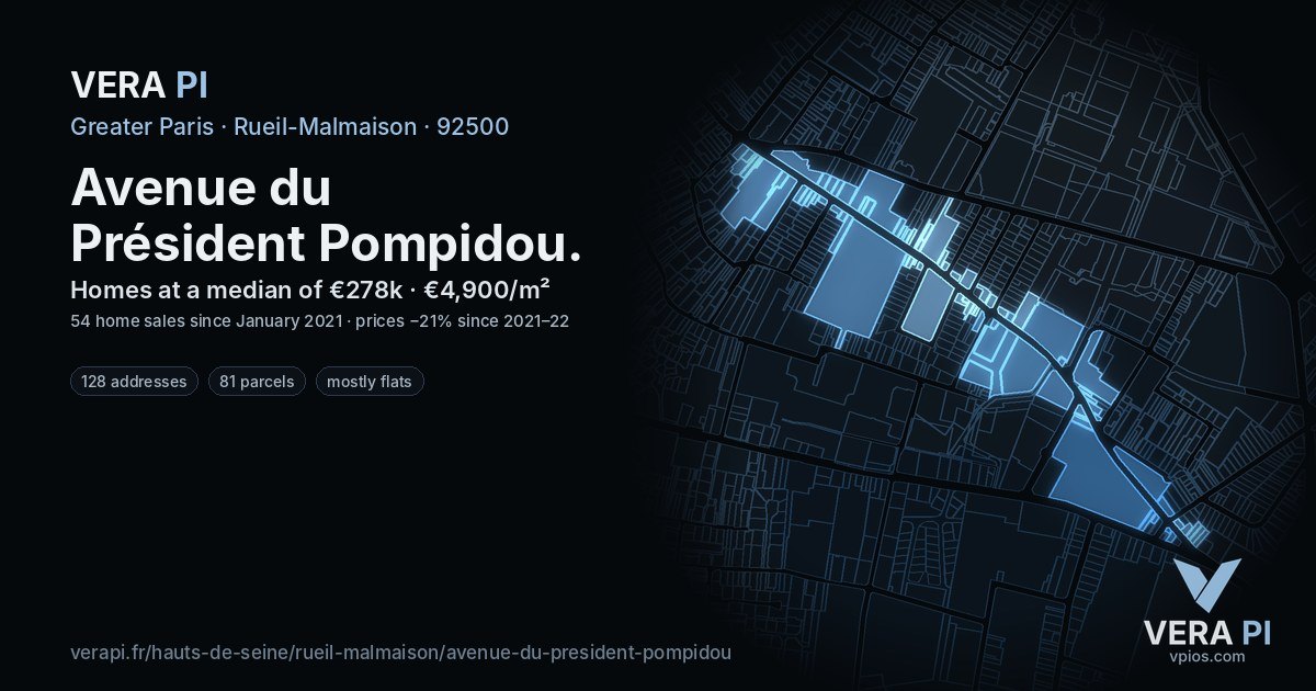 Avenue du Président Pompidou, Rueil-Malmaison at night – every parcel coloured by the prices around it, the street's own parcels lit