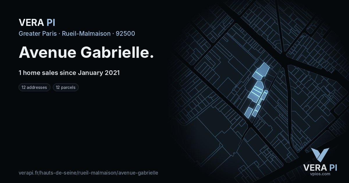Avenue Gabrielle, Rueil-Malmaison at night – every parcel coloured by the prices around it, the street's own parcels lit