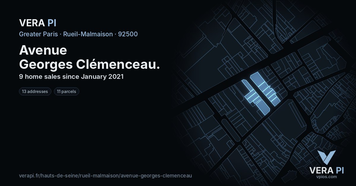 Avenue Georges Clémenceau, Rueil-Malmaison at night – every parcel coloured by the prices around it, the street's own parcels lit
