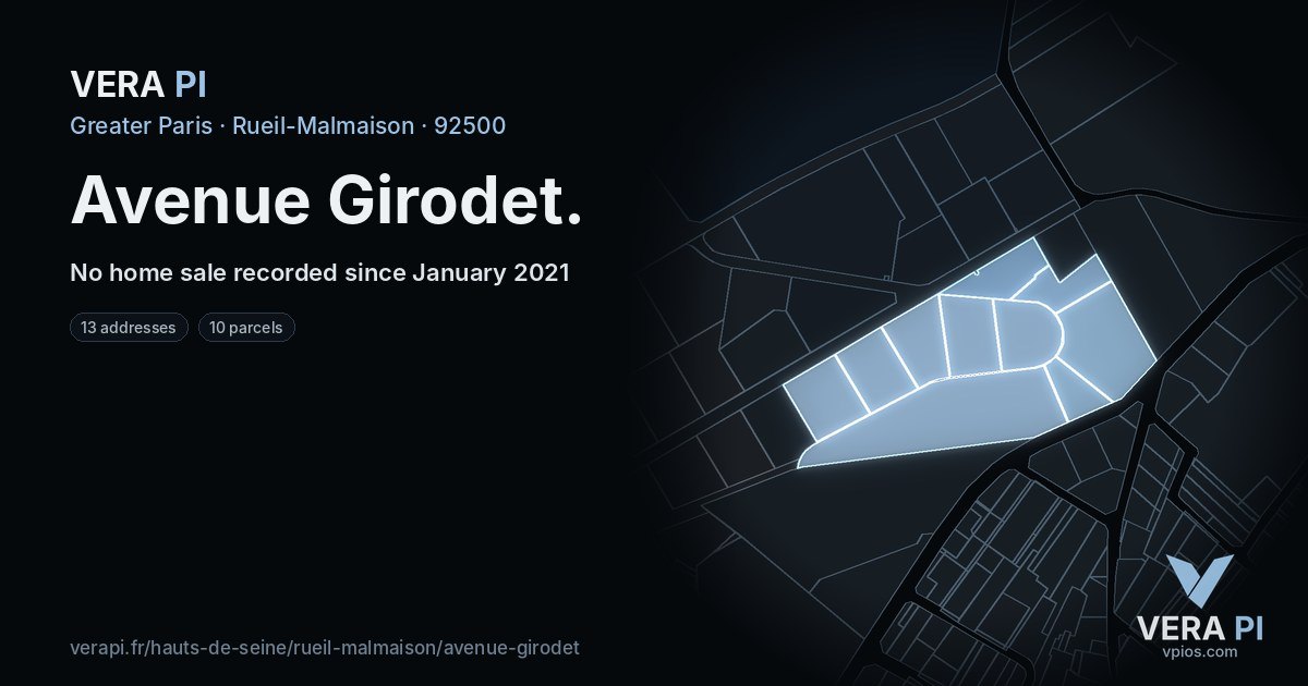 Avenue Girodet, Rueil-Malmaison at night – every parcel coloured by the prices around it, the street's own parcels lit