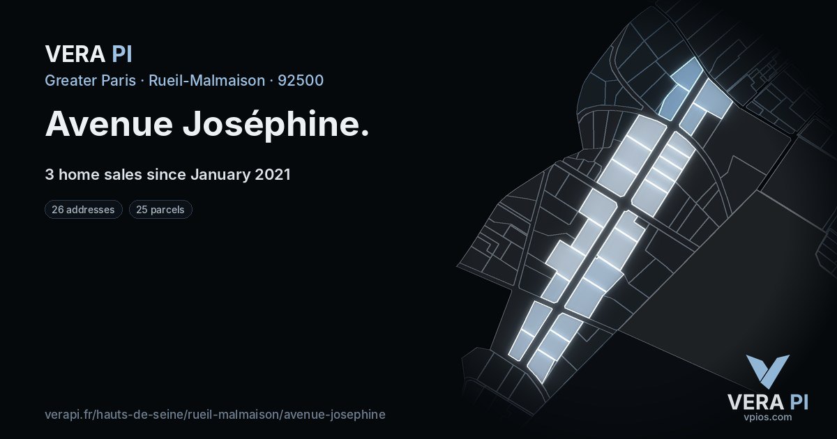 Avenue Joséphine, Rueil-Malmaison at night – every parcel coloured by the prices around it, the street's own parcels lit