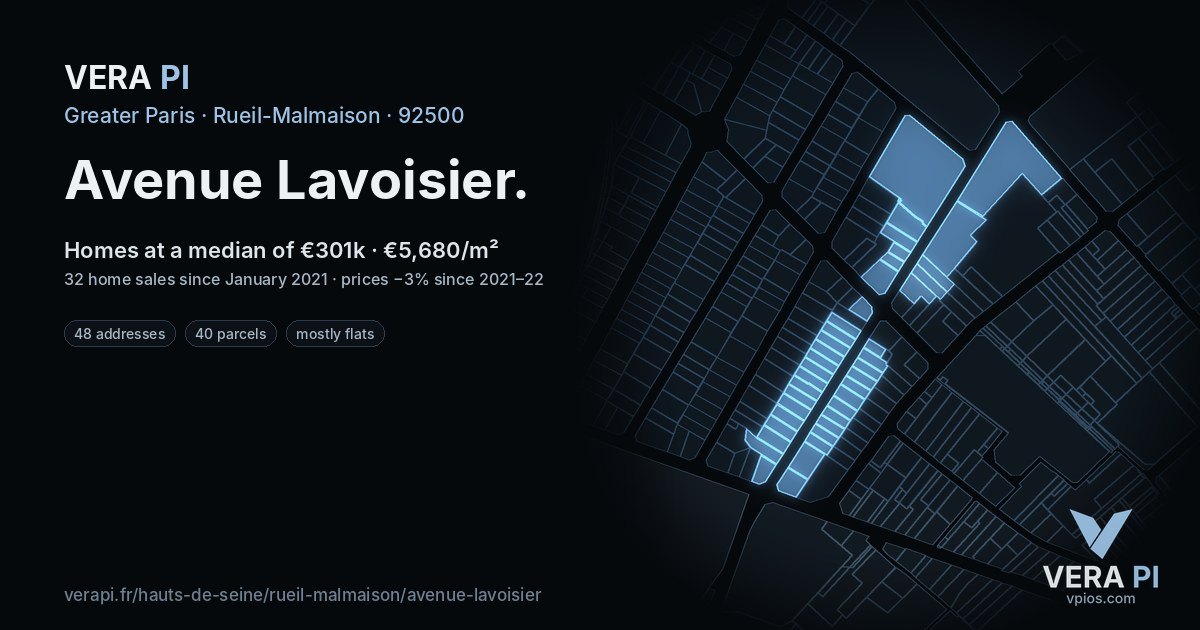 Avenue Lavoisier, Rueil-Malmaison at night – every parcel coloured by the prices around it, the street's own parcels lit