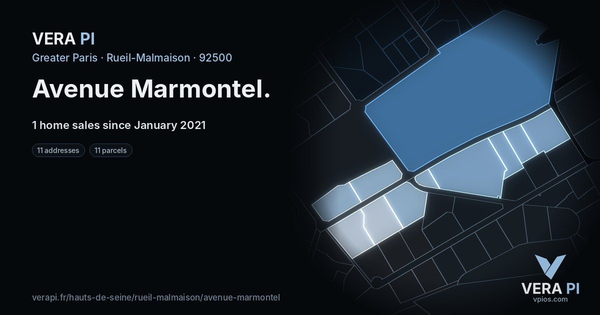 Avenue Marmontel, Rueil-Malmaison at night – every parcel coloured by the prices around it, the street's own parcels lit