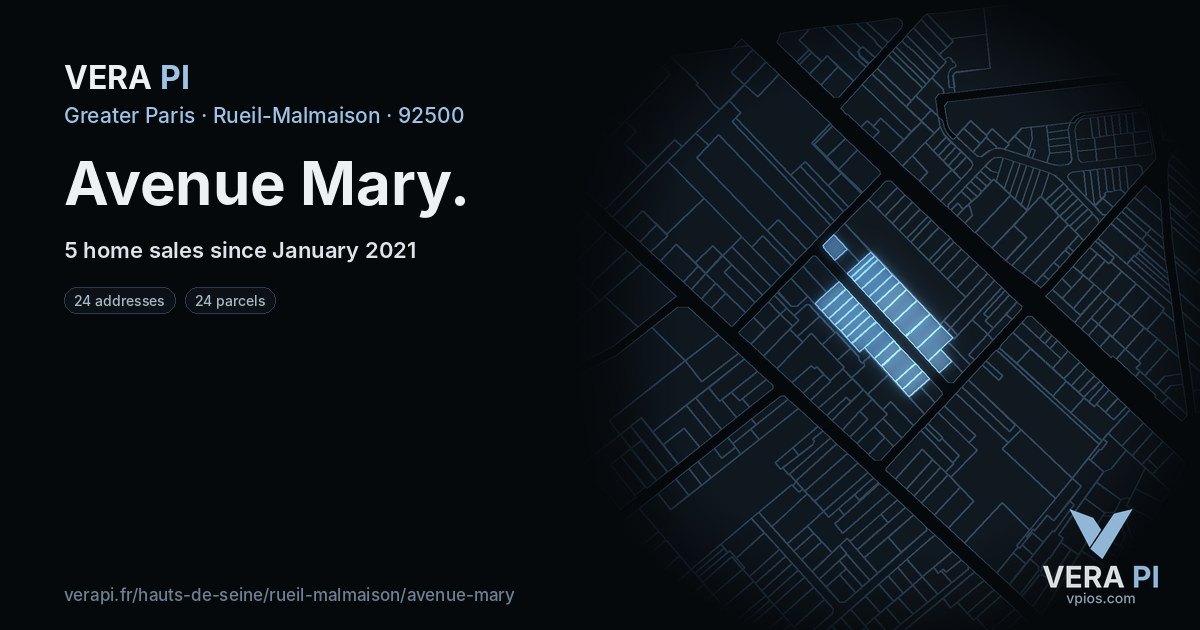 Avenue Mary, Rueil-Malmaison at night – every parcel coloured by the prices around it, the street's own parcels lit