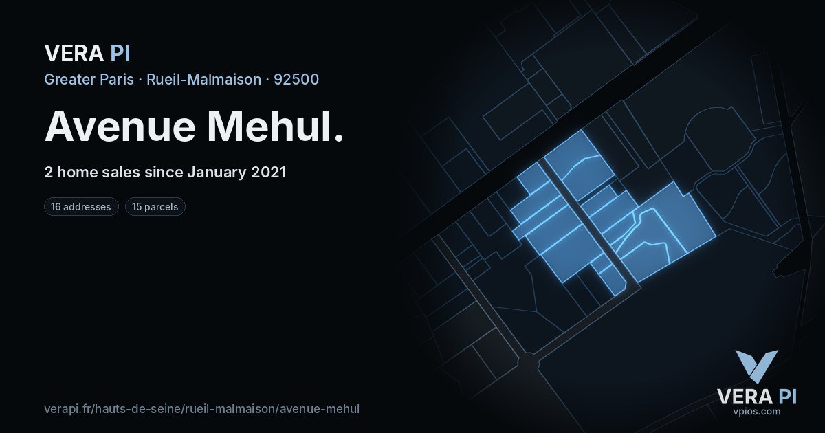 Avenue Mehul, Rueil-Malmaison at night – every parcel coloured by the prices around it, the street's own parcels lit