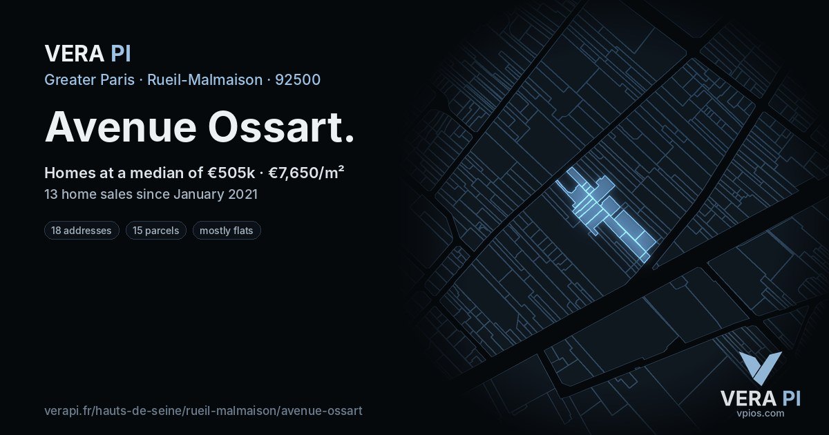 Avenue Ossart, Rueil-Malmaison at night – every parcel coloured by the prices around it, the street's own parcels lit